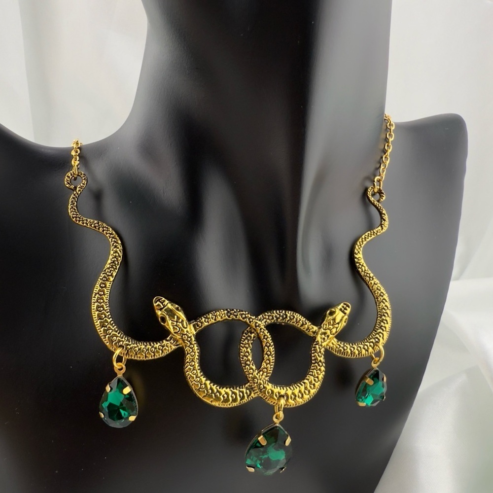 Serpent Serpentine Gold Snake Necklace with Green Accents